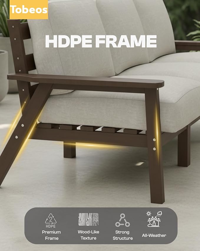 HDPE Patio Furniture Set 4 Seats, Outdoor Couch with Washable Thick Beige Cushions & Coffee Table & Side Table, Outdoor Sectional Furniture for Backyard, Deck, Lawn, Porch (Brown Frame)