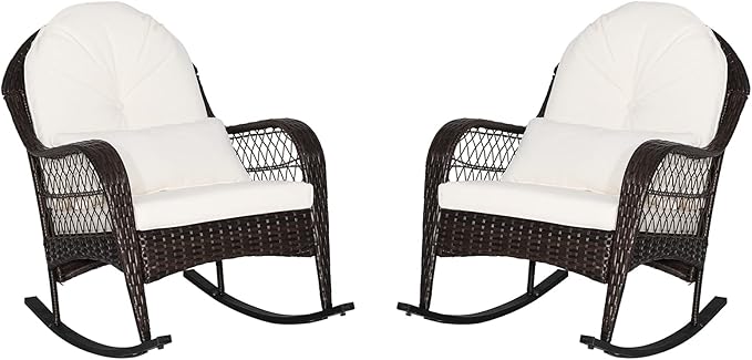 ORALNER Patio Wicker Rocking Chair, Outdoor PE Rattan Rocker with Seat and Back Cushion, Waist Pillow, Armrests, Garden Chair for Porch, Backyard, Poolside, Deck (2, Off White)