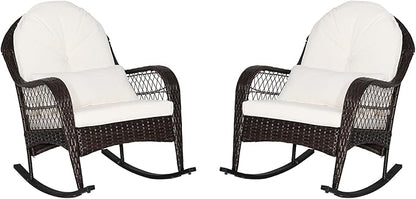ORALNER Patio Wicker Rocking Chair, Outdoor PE Rattan Rocker with Seat and Back Cushion, Waist Pillow, Armrests, Garden Chair for Porch, Backyard, Poolside, Deck (2, Off White)