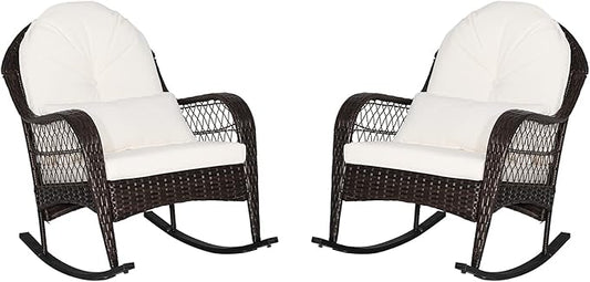 ORALNER Patio Wicker Rocking Chair, Outdoor PE Rattan Rocker with Seat and Back Cushion, Waist Pillow, Armrests, Garden Chair for Porch, Backyard, Poolside, Deck (2, Off White)
