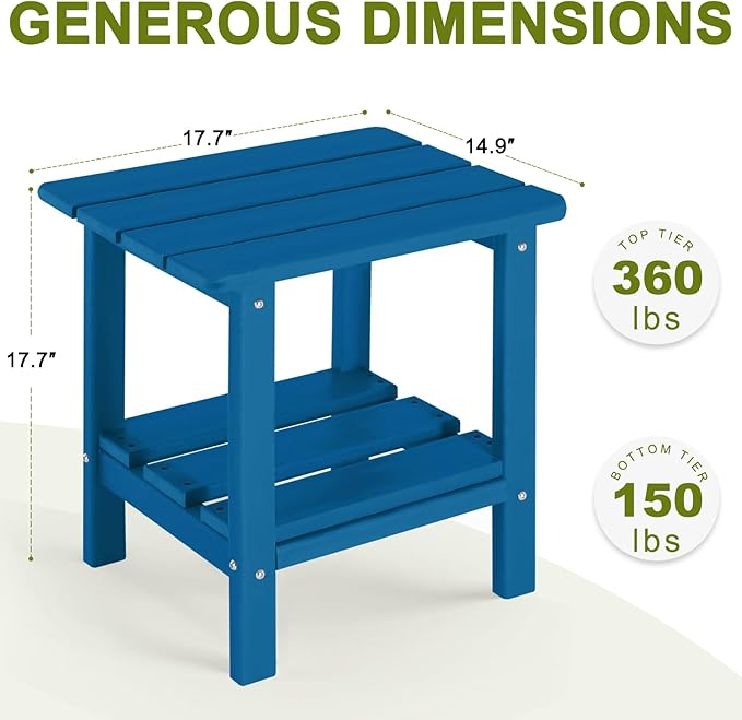Set 2 Adirondack Outdoor Side Table, 2-Tier Small Patio End Table, Weather Resistant HDPE Outdoor End Tables for Garden, Lawn, Pool, Beach, Porch, Deck, Backyard - Square, Dark Blue