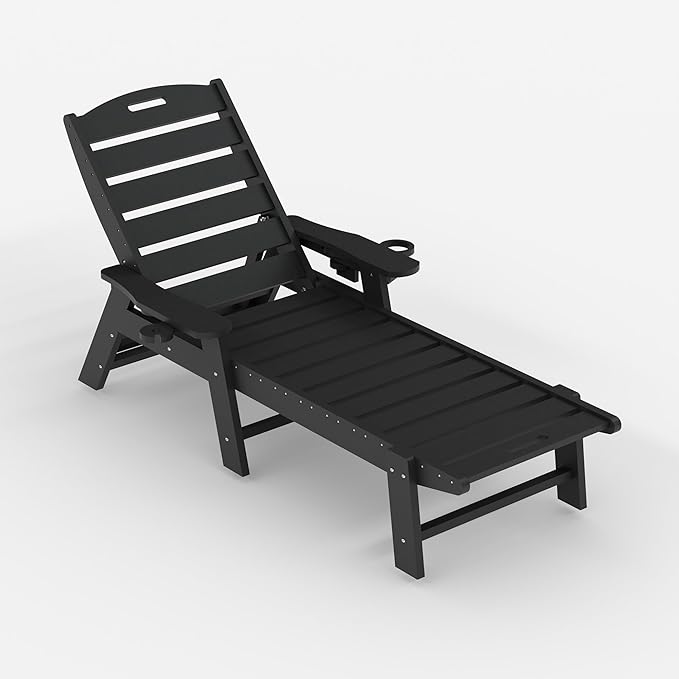 HDPE 5-Position Patio Lounge Chair for Outside, HDPE Chaise Lounge Outdoor with Cup Holder, Resin Pool Lounger Chair