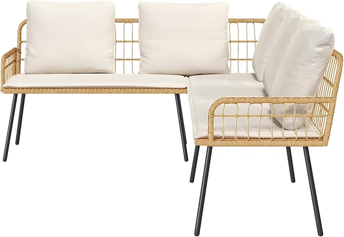 Modern Garden Sofa with Cushion Brown 61.5 x 123 x 82cm Metal Frame, L-Shaped Outdoor Patio Furniture, Steel Framework and Poly Rattan Armrests, Single Bench Cushion, Durable