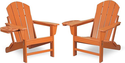 FOOWIN Folding Adirondack Chair Set of 2, HDPE Adirondack Chairs with Cup Holder, Weather Resistant Plastic Fire Pit Chairs for Outdoor, Patio, Lawn, Garden, Backyard, Deck, Orange