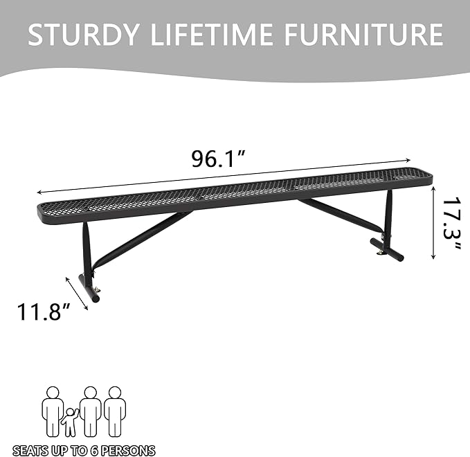 8FT Metal Park Bench for Outside, All-Weather Thermoplastic Coating Outdoor Bench with Anchor, Commercial Heavy Duty Benches for Shopping Malls, Stores, Parks, Patios, Decks, Black