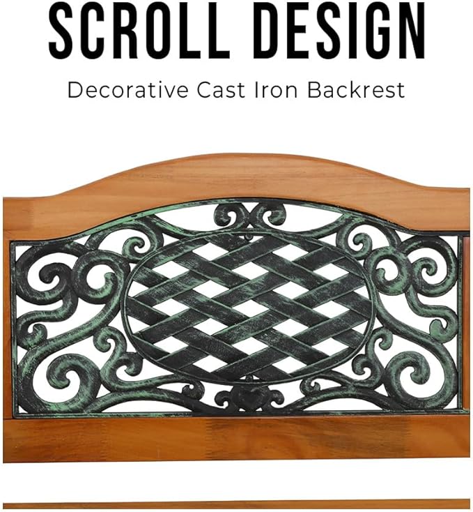 49" Outdoor Wood Bench for Garden, Patio & Porch, 2-Person Bench with Iron Armrests, PVC Backrest, Weather-Resistant Hardwood Seat, Natural Wood & Bronze