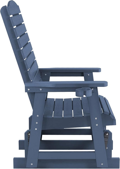 Poly Lumber Patio Glider with Cup Holders, High Backrest and Deep Contoured Seat, HIPS Material, All-Weather Resistant, Heavy Duty 700 Pounds (Navy Blue, 1-Seat)