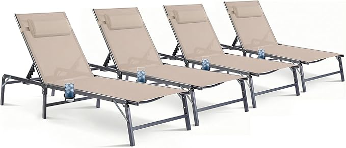 Foldable Outdoor Lounge Chairs Set of 4, No Assembly Chaise Lounge Outdoor with Cup Holder and 6 Adjustable Positions - Photo 1