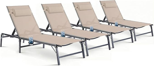 Foldable Outdoor Lounge Chairs Set of 4, No Assembly Chaise Lounge Outdoor with Cup Holder and 6 Adjustable Positions, Patio Lounge Chair with Detachable Pillow for Outside Poolside Beach Pool, Khaki