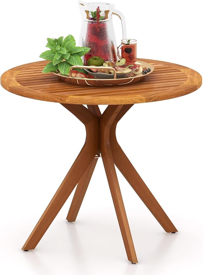 Tangkula Round Bistro Table, Indoor Outdoor Coffee Table w/Solid Structure, Slatted Tabletop, Stable Legs, 35.5” Wood Dining Table for Patio, Garden, Poolside, Backyard, Easy Assembly, Natural