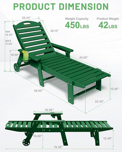Lounge Chair Outdoor, Chaise Lounge Outdoor, HDPE 6-Position Lounge Chair for Outside, Patio Lounge Chair with Wheels & Cup Holder for Pool Poolside Deck Backyard, Green