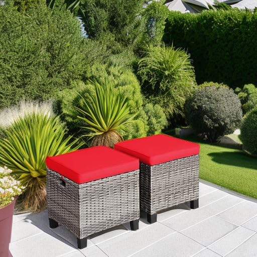 Tangkula 2 Pieces Patio Rattan Ottomans, Outdoor Wicker Footstool Footrest Seat with Soft Cushions and Steel Frame - Photo 6