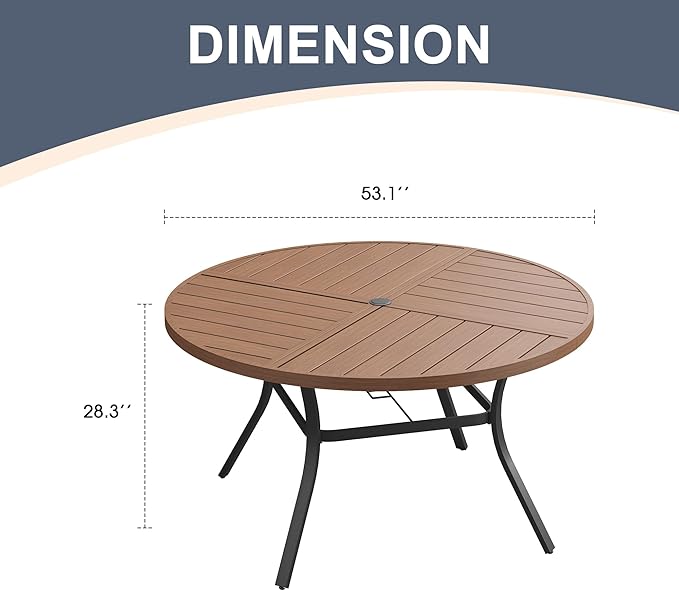 VICLLAX 53" Round Patio Dining Table for 6-8, All Weather Metal Outdoor Table with 1.57" Umbrella Hole and Surdy Frame for Garden Lawn Deck, Black