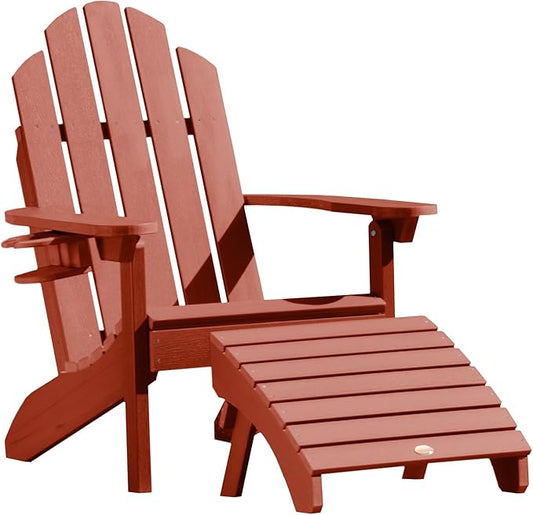 Highwood AD-KITCLAS4-RED Classic Wesport Adirondack Chair with Ottoman and Cup Holder, Rustic Red