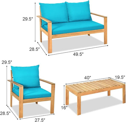 COSTWAY 4 Pieces Outdoor Acacia Wood Sofa Set, Outdoor Conversation Sofa Set with Table & Cushions Porch Chairs for Garden, Patio, Deck