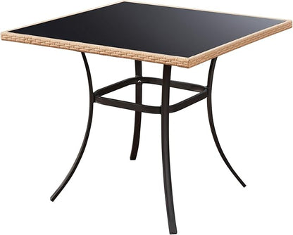 ECOTOUGE 35.2" Square Patio Table, Outdoor Wicker Dining Desk with Tempered Glass Top for 4-5 Persons, Bistro Rattan Furniture Garden Table for Balcony, Backyard, and Sunroom - Black Metal Steel Slat