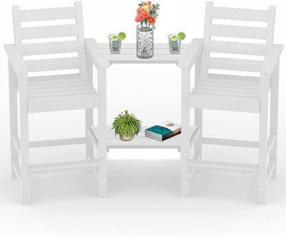 PLUUV Tall Adirondack Chairs Set of 2, All Weather HDPE Poly Bar Height Balcony Adirondack Chair with Removable Double Connecting Trays, Outdoor Adirondack Barstools for Deck, Patio, Yard, Pool, Lawn