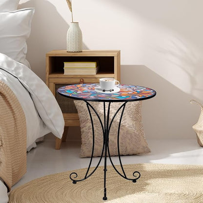 Outdoor Side Table, Mosaic Round Accent Table, Metal Indoor Small End Tables, 18" Plant Stand Tables for Patio Balcony Garden Bedside