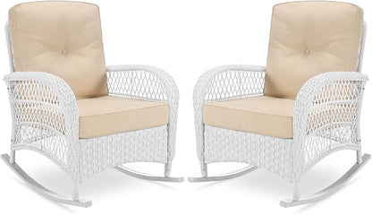 VIVIJASON 2 Piece Patio Wicker Rattan Rocker Chair, Outdoor Rattan Rocker Chair with Cushions & Steel Frame, All-Weather Rocking Lawn Wicker Furniture for Garden Backyard Porch (White Wicker/Beige)