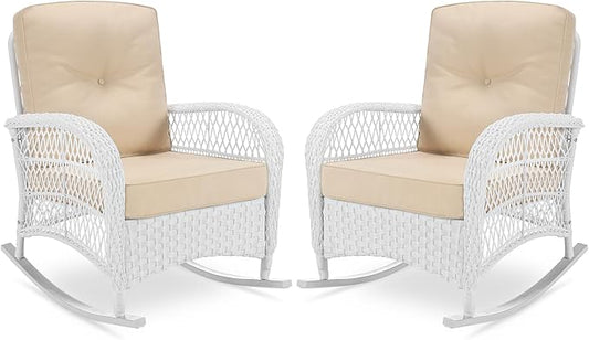 VIVIJASON 2 Piece Patio Wicker Rattan Rocker Chair, Outdoor Rattan Rocker Chair with Cushions & Steel Frame, All-Weather Rocking Lawn Wicker Furniture for Garden Backyard Porch (White Wicker/Beige)