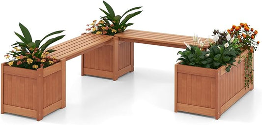 Planter Box Bench Outdoor, Wooden Patio Bench Raised Garden Bed with 3 Plant Boxes & 2 Wood Benches, 2-in-1 Wood Planter Bench Deck Plant Box for Porch, Garden & Backyard