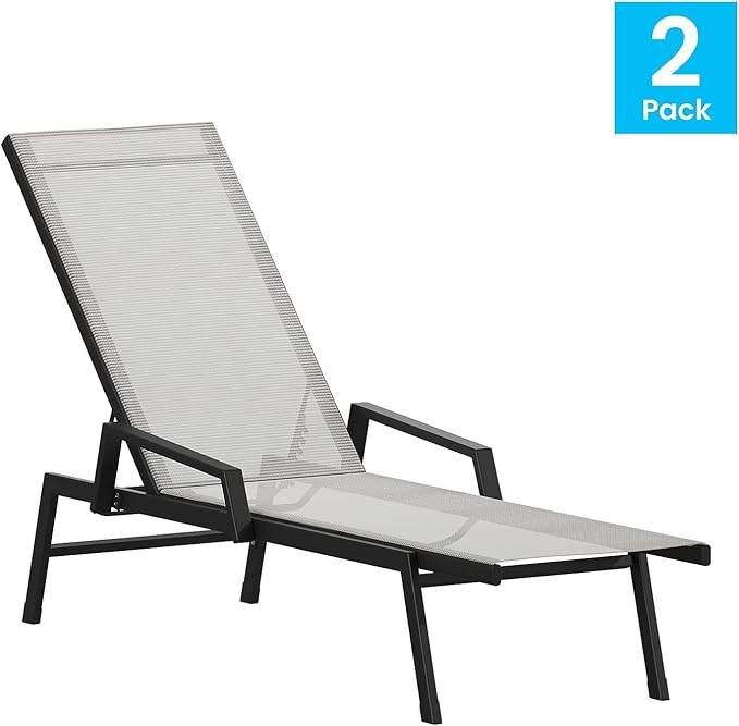Flash Furniture Brazos Set of 2 Adjustable Chaise Lounge Chairs with Arms, All-Weather Outdoor Five-Position Recliners, Black/Gray