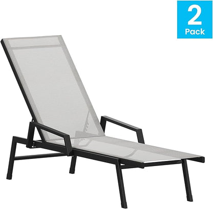Flash Furniture Brazos Set of 2 Adjustable Chaise Lounge Chairs with Arms, All-Weather Outdoor Five-Position Recliners, Black/Gray