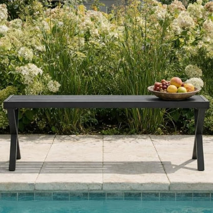 Outdoor Metal Backless Bench Weatherproof Patio Bench with Slatted Seat, X-Shaped Legs, All-Weather Garden Bench for Porch, Patio, Lawn and Backyard, Black