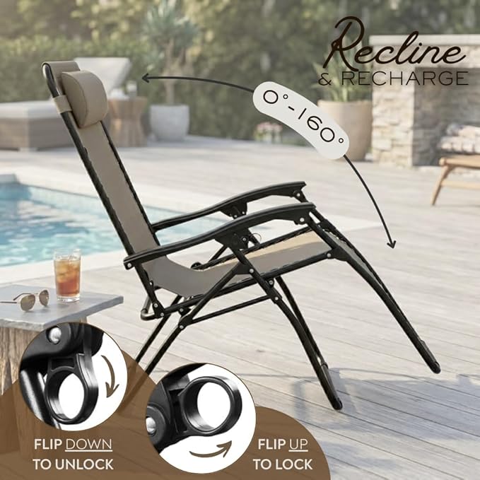 Adjustable Zero Gravity Lounge Chair with Steel Mesh Fabric: Reclining Lawn Chair Featuring Comfort Pillow - Photo 4