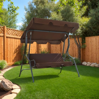 3-Seater Garden Swing Bench with Adjustable Canopy, Outdoor Patio Porch Seat, Coffee Powder-Coated Steel Frame, Weather-Resistant Furniture, 551 lbs Capacity