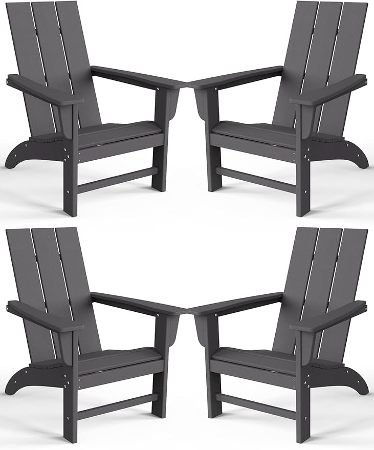 Modern Adirondack Chairs Set of 4, HDPE Plastic Patio Chairs for All Weather, Fire Pit Chair, Outdoor Lawn Chairs for Deck, Porch, Backyard, Garden, Slate Gray