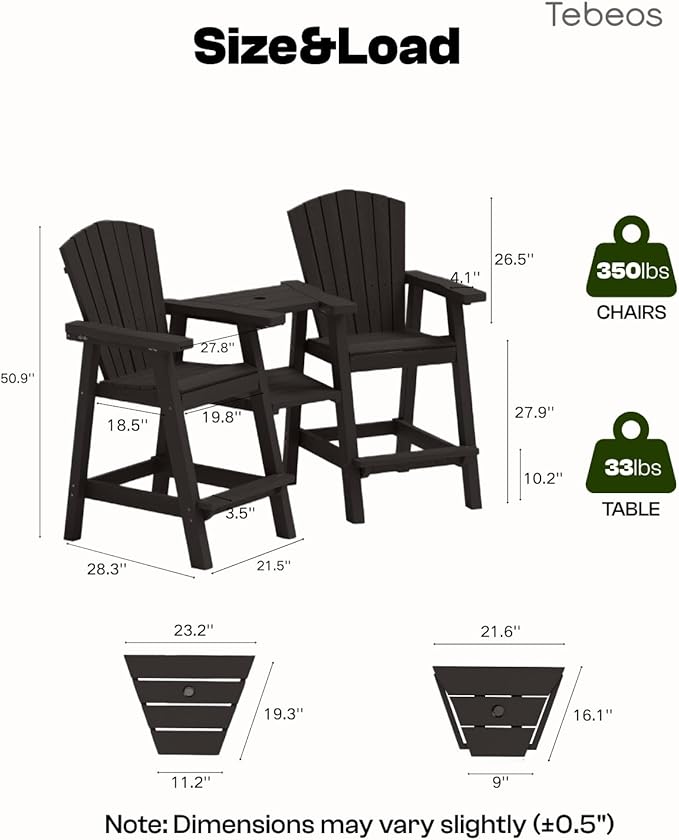 Tall Adirondack Chairs Set of 2, HDPE Outdoor Adirondack Chairs with Double Connecting Tray, Bar Height High Back Patio Chairs for Balcony, Deck, Backyard (Black, 2-PC Bar Chair Set)