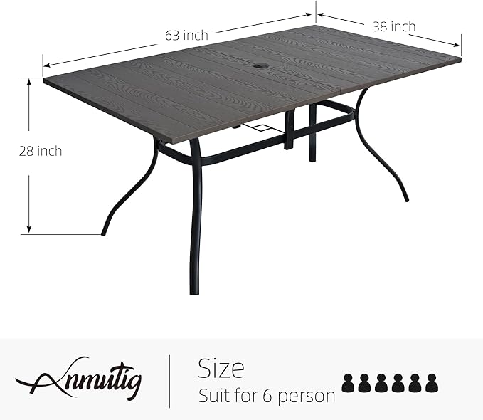 Wood-Like Embossing Rectangle Outdoor Patio Dining Table with Adjustable Umbrella Hole for 6 Person - 63" x 38" x 28"