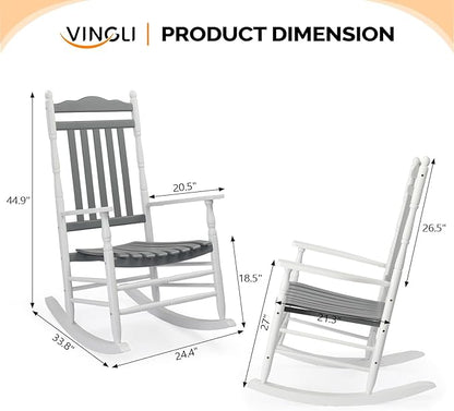 VINGLI Wooden Rocking Chair, Outdoor Chair with 450 lbs Support, Relaxing Rocker with Solid Wood High Back Seat Reclining Seat for Deck, Garden, Backyard, Porch (White & Grey, 1PC)