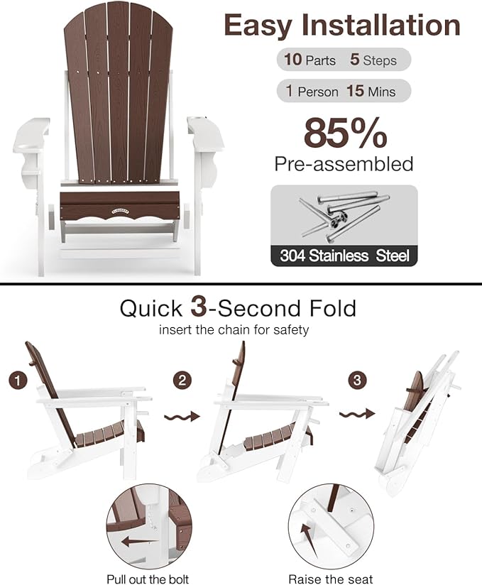 Folding Adirondack Chair –Recyclable HDPE Outdoor Adirondack Patio Chair with Cup Holder, Wood Texture & Umbrella Hole - Photo 8
