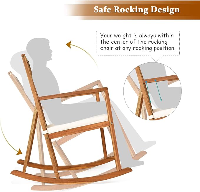 RELAX4LIFE Wooden Rocking Chair Outdoor - Oversized Patio Rocker w/High Backrest, Long Armrest, Removable Soft Cushion, Porch Rocking Chair for Backyard, Garden, Patio Rocking Chair (1, White)