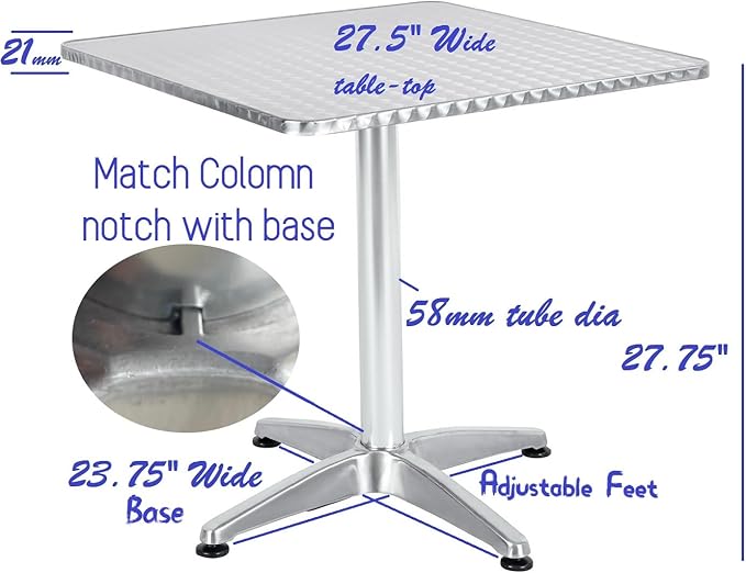 BTEXPERT Indoor Outdoor 27.5" Square Restaurant Table for Patio Stainless Steel Silver Aluminum Furniture with Base - Photo 3