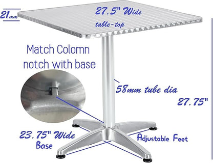 BTEXPERT Indoor Outdoor 27.5" Square Restaurant Table for Patio Stainless Steel Silver Aluminum Furniture with Base