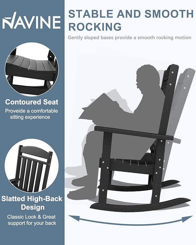 3-Piece Outdoor Rocking Chair Set, Oversized Porch Rocking Chair Set of 2 with Side Table, HDPE High Back Patio Rocking Chair, Suitable for Patio, Porch, Backyard, Black