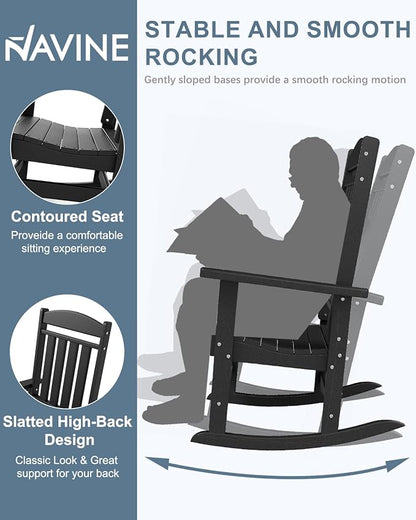 3-Piece Outdoor Rocking Chair Set, Oversized Porch Rocking Chair Set of 2 with Side Table, HDPE High Back Patio Rocking Chair, Suitable for Patio, Porch, Backyard, Black