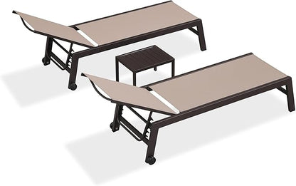 PURPLE LEAF Outdoor Chaise Lounge Chair Set of 2, Patio Pool Textilene Loungers with Adjustable Backrest and Wheels, Includes Side Table for Deck, Lawn, Garden, Taupe