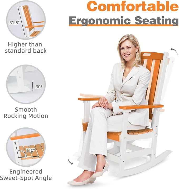 Aoodor Outdoor Rocking Chair, Ergonomic HDPE Rockers with All-Weather Design for Patio or Porch, Clashing Colors, Orange and White