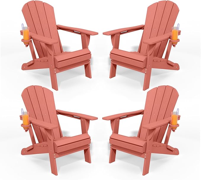 Folding Adirondack Chairs with Cup Holders, Set of 4 HDPE Plastic Outdoor Chairs, Weather Resistant, Real Wood Look - Photo 3