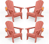 Folding Adirondack Chairs with Cup Holders, Set of 4 HDPE Plastic Outdoor Chairs, Weather Resistant, Real Wood Look - Photo 3
