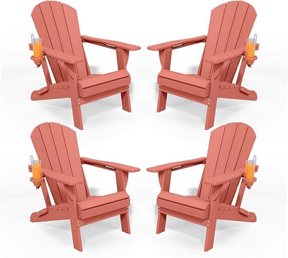Folding Adirondack Chairs with Cup Holders, Set of 4 HDPE Plastic Outdoor Chairs, Weather Resistant, Real Wood Look, Heavy-Duty Patio Furniture for Deck, Fire Pit, Backyard, Coral