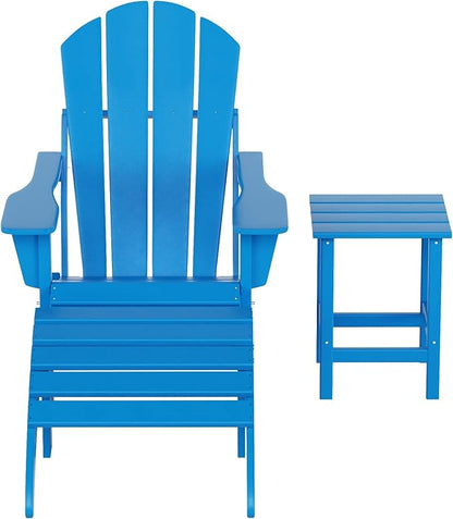 WestinTrends Malibu Outdoor Lounge Chairs, 3-Pieces Adirondack Chair Set with Ottoman and Side Table, All Weather Poly Lumber Patio Lawn Folding Chair for Outside Pool Garden Backyard, Pacific Blue