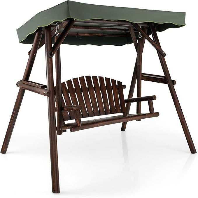 Tangkula Wooden Porch Swing, 2 Person A-Frame Outdoor Swing with Adjustable Canopy, Armrest, 2 Side Tables - Photo 1