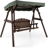 Tangkula Wooden Porch Swing, 2 Person A-Frame Outdoor Swing with Adjustable Canopy, Armrest, 2 Side Tables - Photo 1