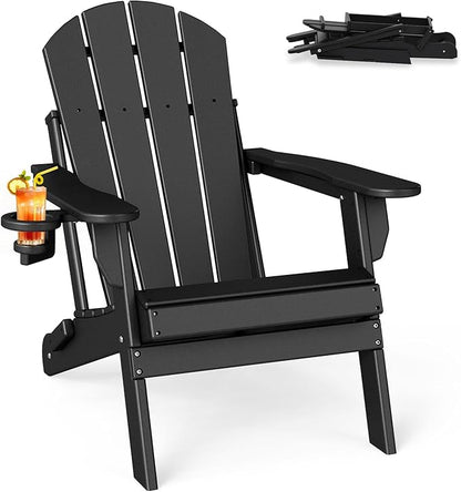 BRIOPAWS Folding-Adirondack-Chair | HDPE | Fire Pit Chairs | Cup Holder | Weather Resistance | Black | for Outdoor Backyard Deck Patio