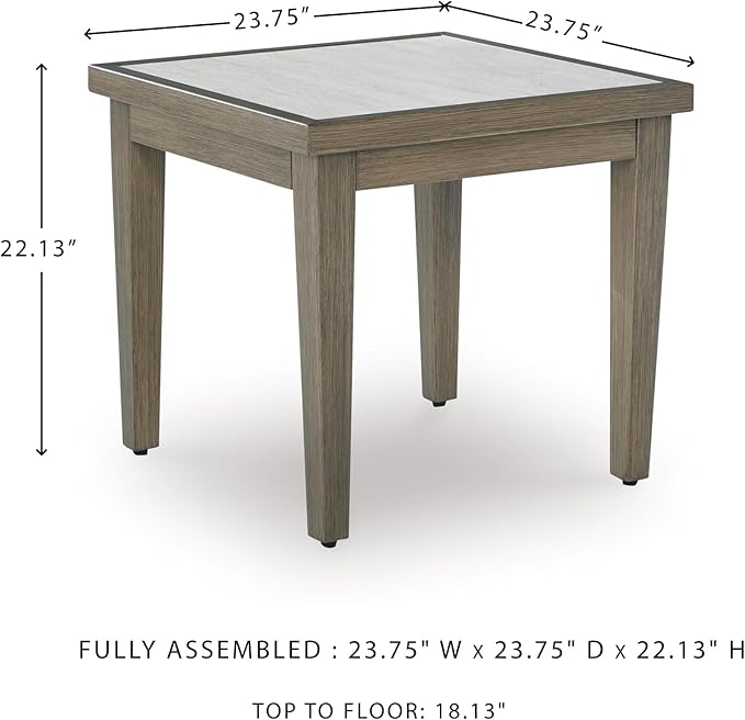 Signature Design by Ashley Rainier Ranch Contemporary Sintered Stone Tabletop Outdoor End Table with 4 Legs, Light Brown & Beige